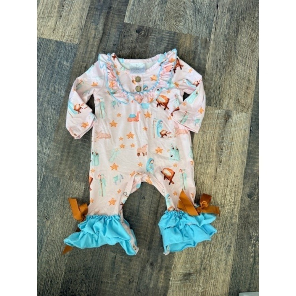 The Bow Co Nativity Scene Pink Ruffle Romper Baby Girls 3-6M Christmas Pajamas